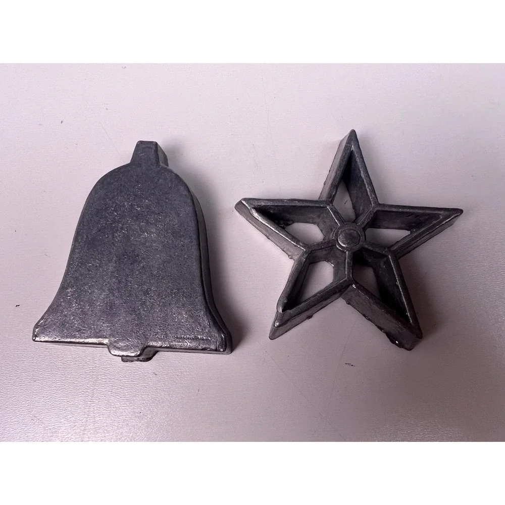 Vintage Japan Cast Metal Rosette Iron Molds Bell and Star Shapes Set of 2 Silver